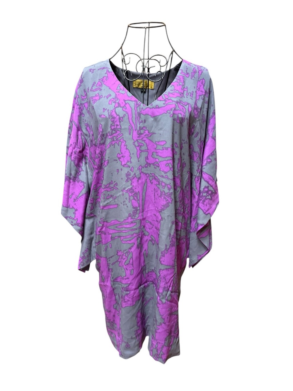 Nicole Miller Collection Abstract Print V-Neck Silk Dress Gray Bright Purple